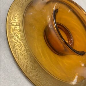 Vintage Mcm retro amber rolled glass bowl with gold edge
